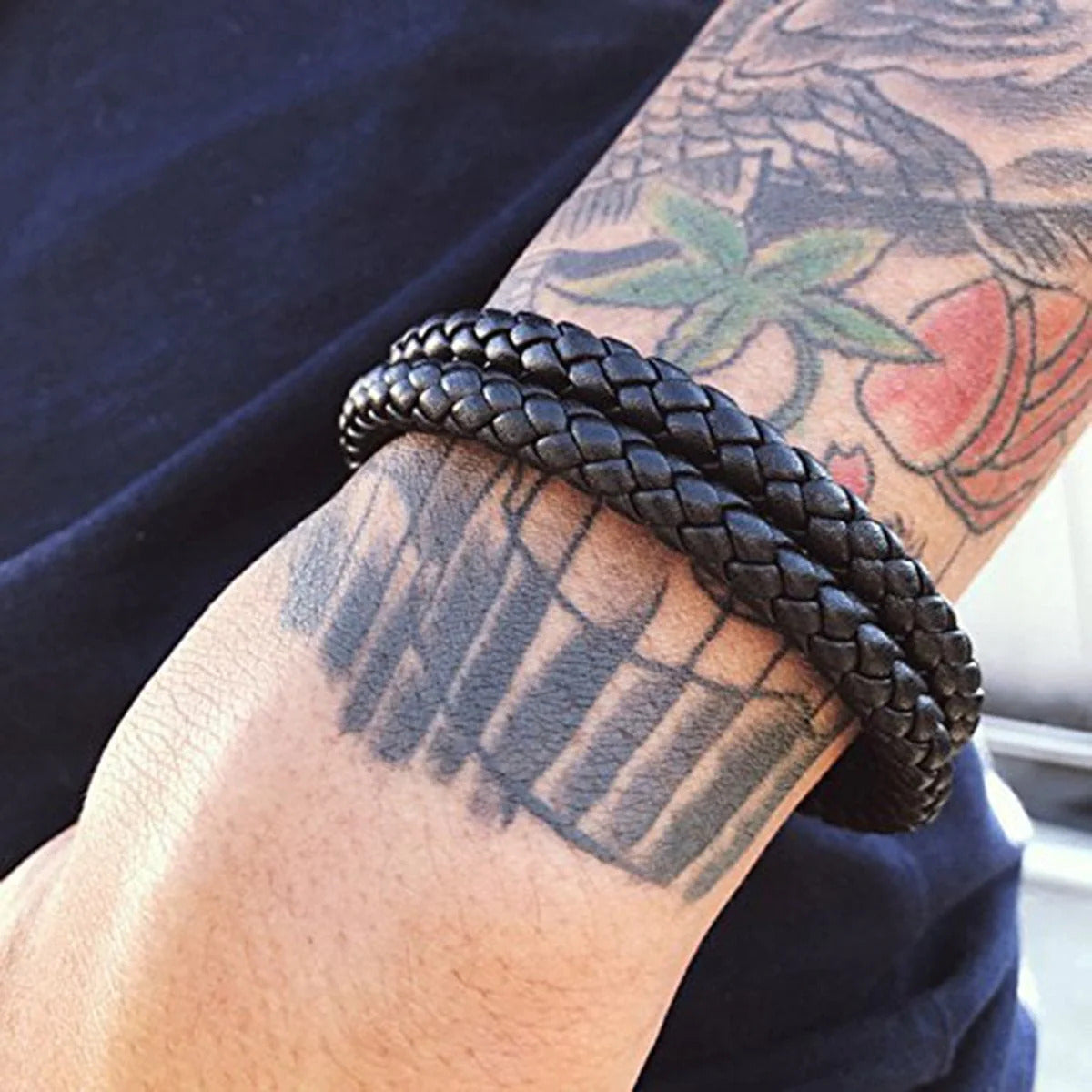 Designer black leather bracelet